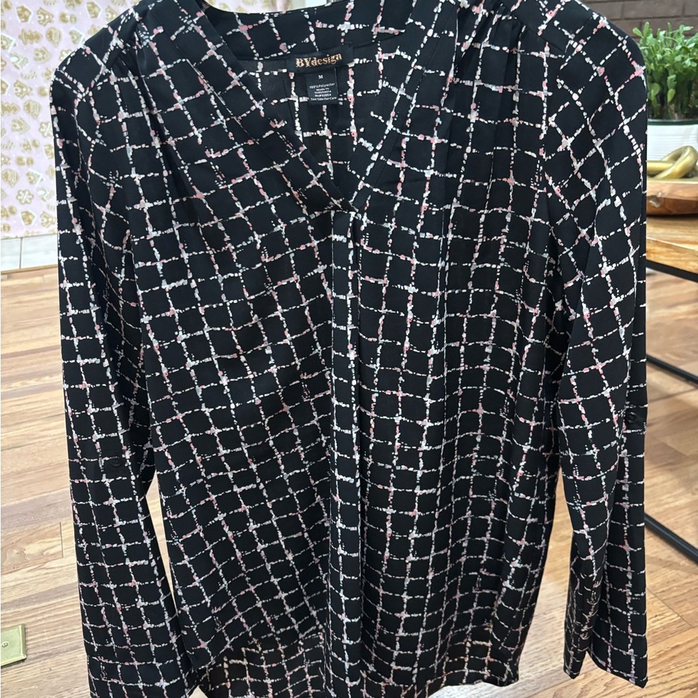 NY Collection Black Blouse with Pink and White Pattern